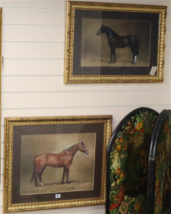 Two pastels of horses, indistinctly signed and dated 87 largest 37 x 48cm